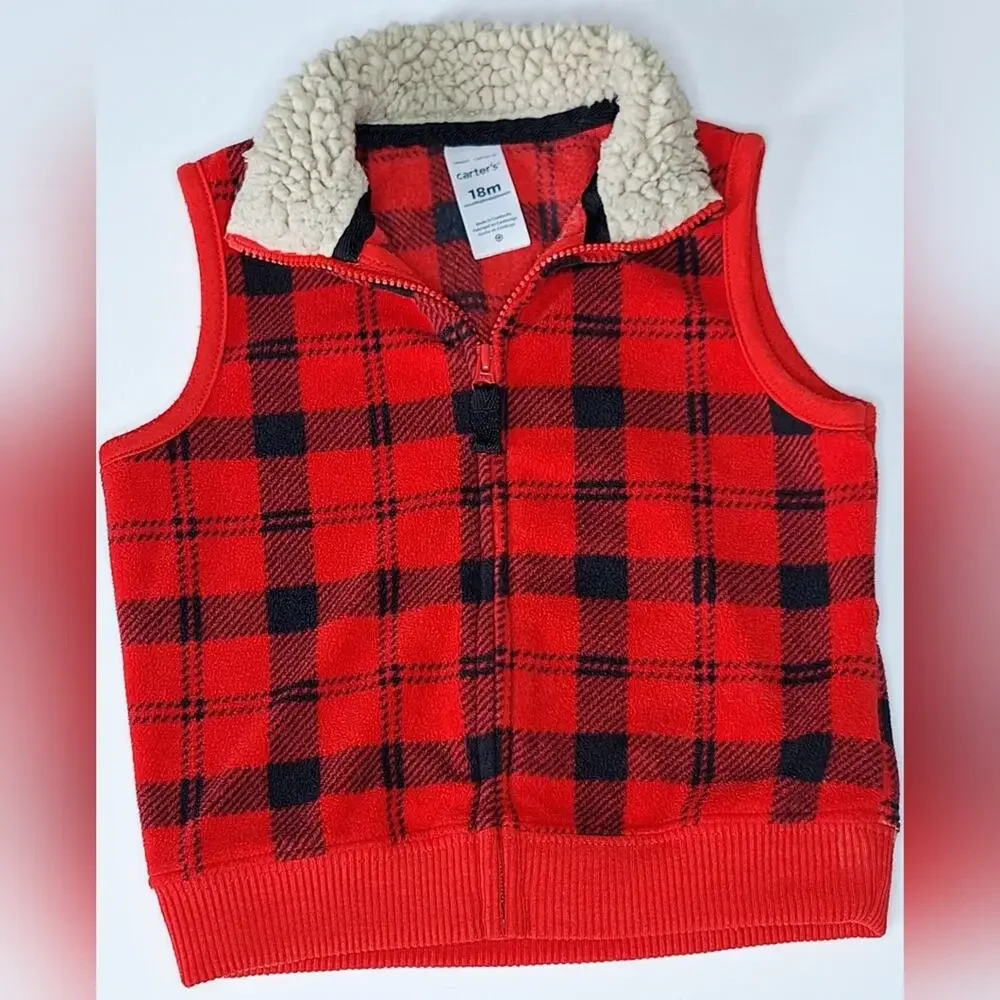 Carter's Red and Black Plaid Zip Up Vest with Faux Fur Collar EUC - 18M